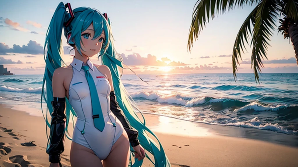 With the sun setting in the background、Please draw an upscaled image of Hatsune Miku at the beach。Her clear blue hair fluttering in the wind、The futuristic outfit stands out。Soft sand all around、The sound of the waves gently lapping、And the palm trees dot the landscape.。