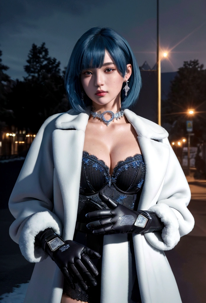 (4k,masterpiece, high resolution, best quality:2, breathtaking, ultra detailed:1.4),A cool female in the street at night,Yelan,yelan,1girl,,yelan \(genshin impact\),solo,gloves,short hair,looking at viewer,,fur trim,blue hair,jewelry,,bangs,white gloves,fur-trimmed jacket,sky,fingerless gloves,jacket,earrings,dice,mismatched gloves,rim light,scenery,huge filesize,Cinematic Lighting,absurdres,(masterpiece, high resolution, best quality:1.4, breathtaking, ultra detailed)