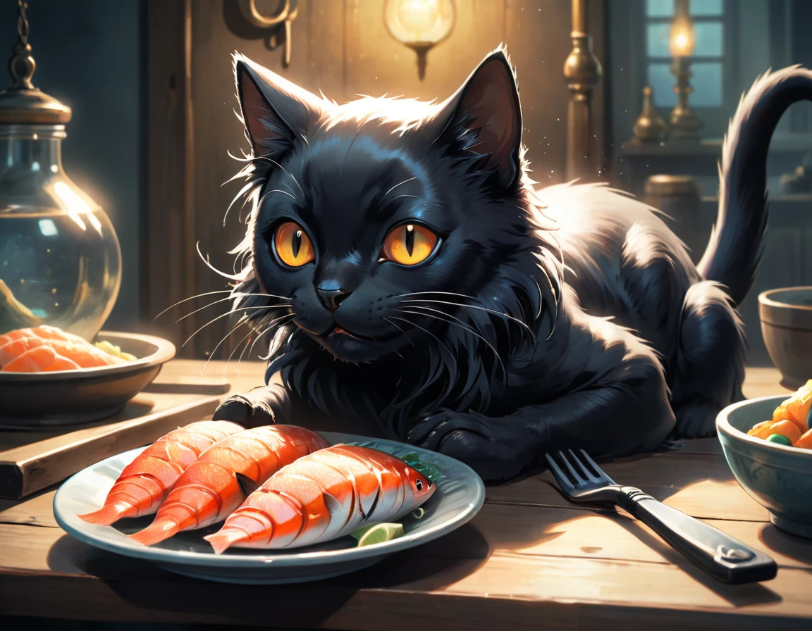 black cat, eating fish, stylized, cute kawaii animals, FOV 90 degrees, Fine art, Nu Goth Art, rim light, F/2.8, Amaro