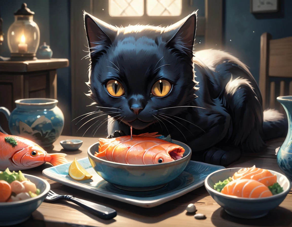black cat, eating fish, stylized, cute kawaii animals, FOV 90 degrees, Fine art, Nu Goth Art, rim light, F/2.8, Amaro