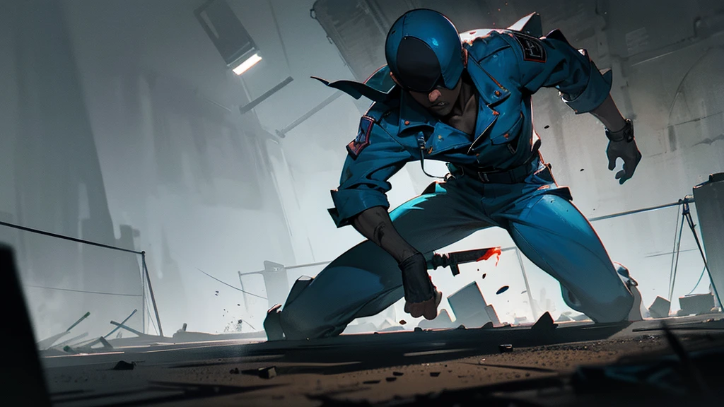 knife fight in a bunker, people in blue jumpsuits, cinematic lighting, gritty and intense, dramatic posing, high contrast, chiaroscuro, 8K, photorealistic, realistic, detailed, masterpiece, professional, dark and moody, dramatic shadows, hard surface, machinery, industrial, ripped clothes, blood splatters, adrenaline, high energy, action, tense atmosphere, cinematic camera angles, dynamic composition, hyper-detailed, ultra-fine details, physically-based rendering, vivid colors, intense colors, color grading, dramatic color palette