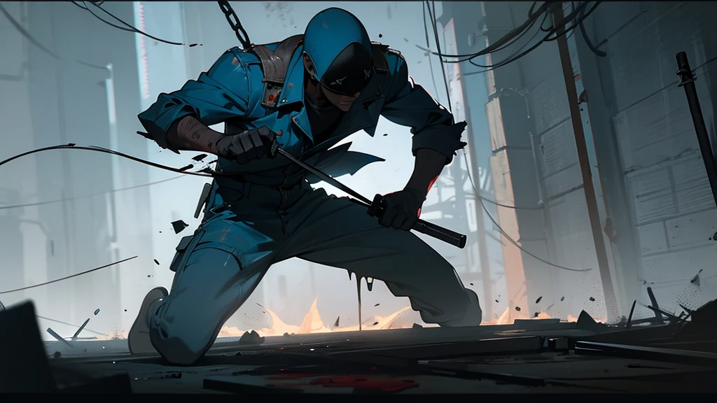 knife fight in a bunker, people in blue jumpsuits, cinematic lighting, gritty and intense, dramatic posing, high contrast, chiaroscuro, 8K, photorealistic, realistic, detailed, masterpiece, professional, dark and moody, dramatic shadows, hard surface, machinery, industrial, ripped clothes, blood splatters, adrenaline, high energy, action, tense atmosphere, cinematic camera angles, dynamic composition, hyper-detailed, ultra-fine details, physically-based rendering, vivid colors, intense colors, color grading, dramatic color palette