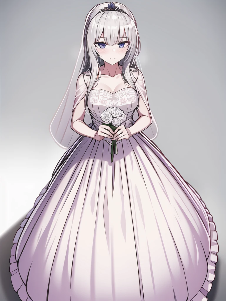 score_9, score_8_up, score_7_up, source_anime, score_9, score_8_up, score_7_up, sense \(sousou no frieren\), brown eyes, very long hair, absurdly long hair, hair between eyes, eyes visible through hair, frilled dress, white long dress, innexpressive, neutral, standing, arms on sides, white background, simple background, masterpiece, best quality, white background (extremely detailed CG unity 8k wallpaper), (masterpiece), (best quality), (ultra-detailed), (best illustration), (best shadow), (absurdres), ayame, purple hair, jewelry, long hair, 1girl, earrings, necklace, blue eyes, solo, hair ornament, gloves, dress, cleavage, bare shoulders, collarbone, white oprea gloves, white gloves, white dress, strapless, white choker, tiara, veil, strapless dress, wedding dress, bridal veil, beautiful woman, perfect body, perfect breasts, wearing a wedding dress, ball gown, in the park trees, wedding decorations, looking at the viewer, a slight smile, realism, masterpiece, textured skin, super detail, high detail, high quality, best quality, 1080p,