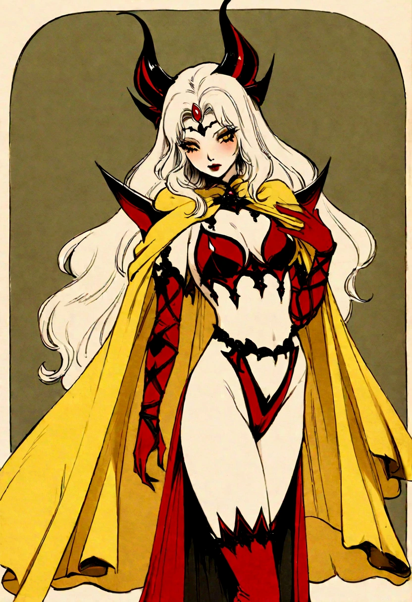 Erotic Fantasy, Gothic, (Red leather, Yellow cape, Elegance:1.0), Stunning Vixen, Seductive Armor, Vintage Illustration, Yoshitaka Amano-inspired Enchantress.