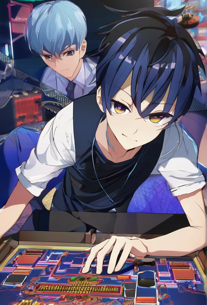 Anime ai, guy, dark blue hair, black eyes, playing a game