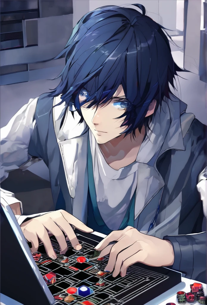 Anime ai, guy, dark blue hair, black eyes, playing a game