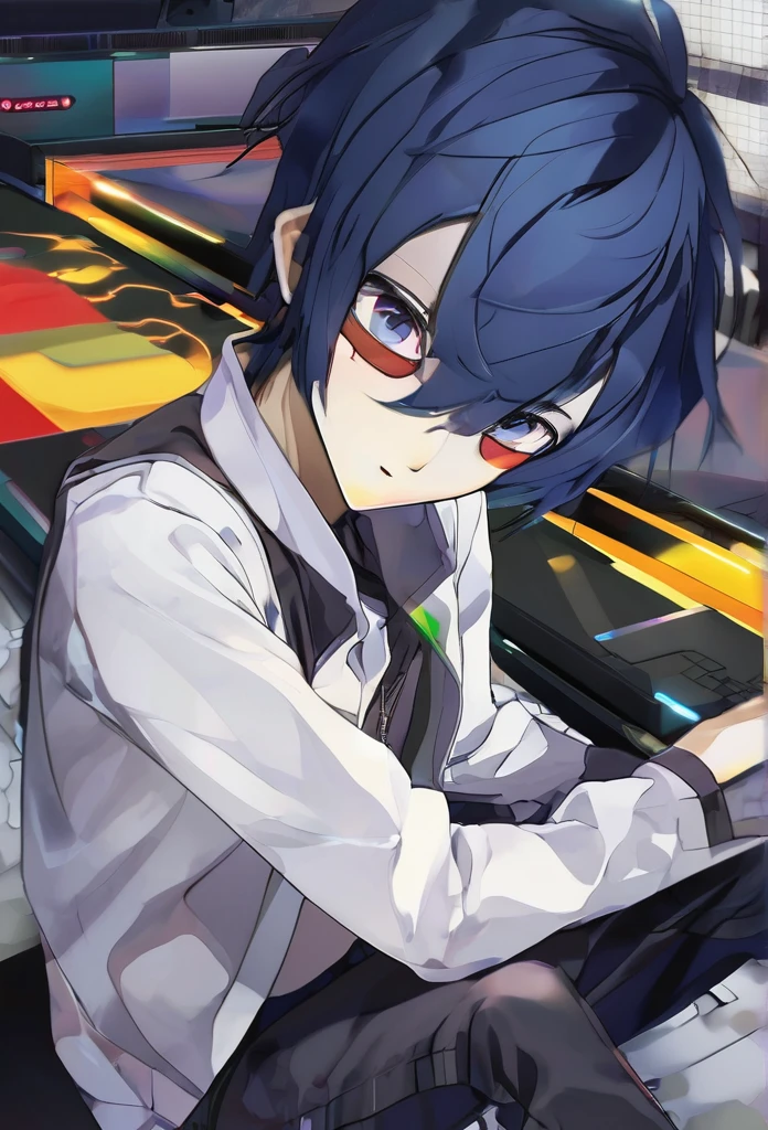 Anime ai, guy, dark blue hair, black eyes, playing a game