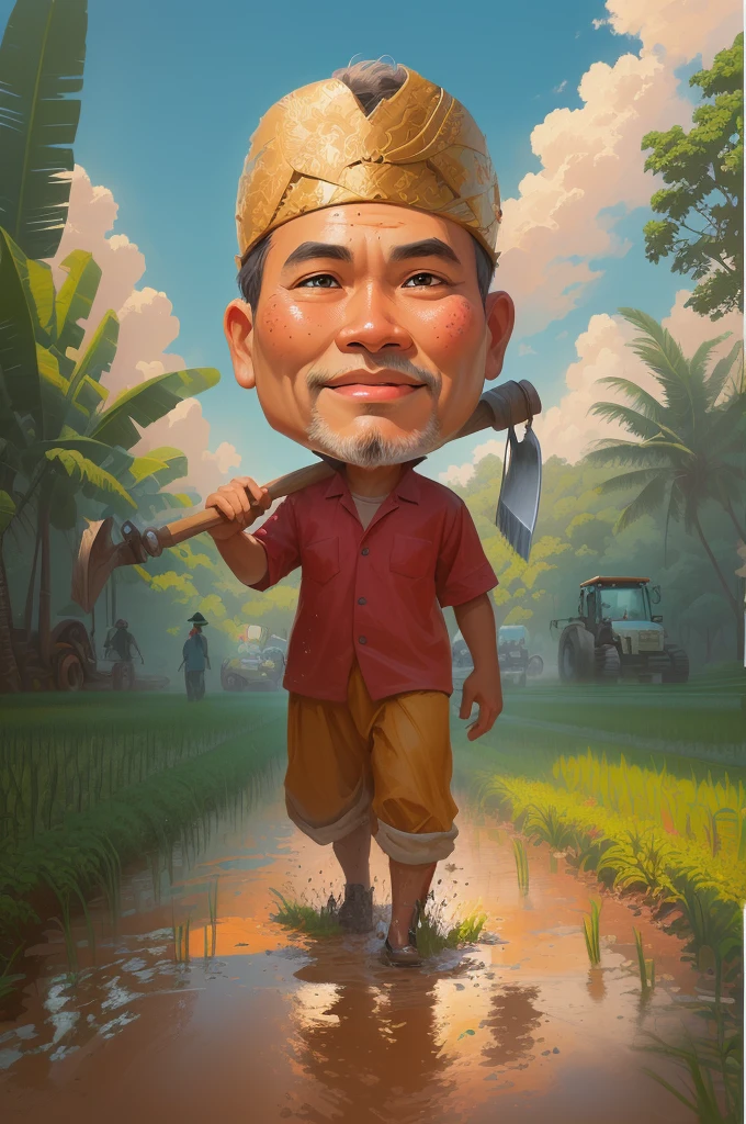 cartoon man walking through a muddy field with a hoe, The head wears a typical Javanese headgear blangkon, caricature illustration, farmer, Indonesian farmer, caricature style, cartoon portrait, cartoon digital painting, caricature, official illustration, cartoon digital art, in cartoon style, inspired by Rudy Siswanto, inspired by I Ketut Soki, potrait, digital cartoon painting art, digital art cartoon, cartoon artstyle