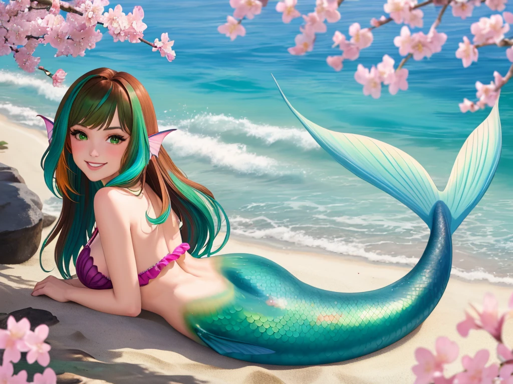 masterpiece, best quality:1.2), 1girl, smile, looking at viewer, green eyes, short brown multicolored hair, mermaid, mermaid girl, wearing purple seashell , laying on belly on beach, colorful mermaid tail, outdoors, head fins, fin ears, under cherry blossoms