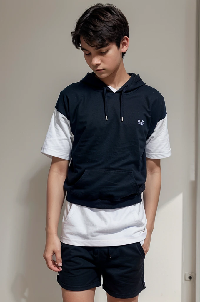 Teenage boy wearing a navy blue t-shirt, wearing a short-sleeved white hoodie, wearing black sleeve cuffs, wearing black baggy shorts, and sandals 