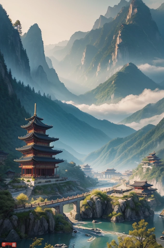 An ancient Chinese painting, with a majestic empress, ancient chinese background, mountainscape, rivers, auspicious clouds, pavilions, sunshine light, Master Pieces, super detaill, epic composition, ultra HD, high qualiy, extremely detaild, offcial art, 8k unified wallpaper, super detaill, 32k - v.6