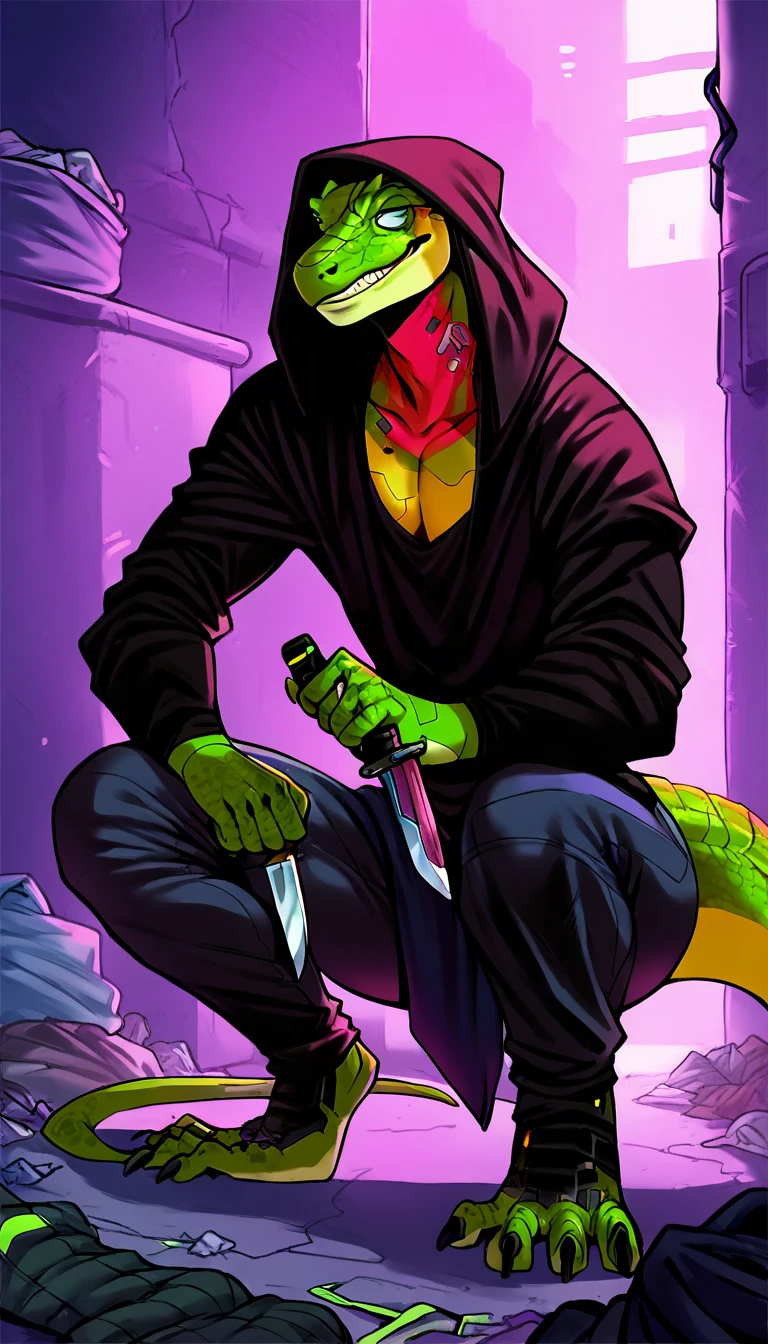 score_9, score_8_up, score_7_up, (cyberpunk, вфкл night, underground dark room background), (trash, 

((lizard:1.2), anthro, male, solo, ((crazy smile, holding knife)), (Squatting, on their haunches), ((wearing black clothes, hood, hoody, pants:1.5)), lizard skin, lizard scales, short haircut, beautiful), (have a cyber augmentations:1.75)