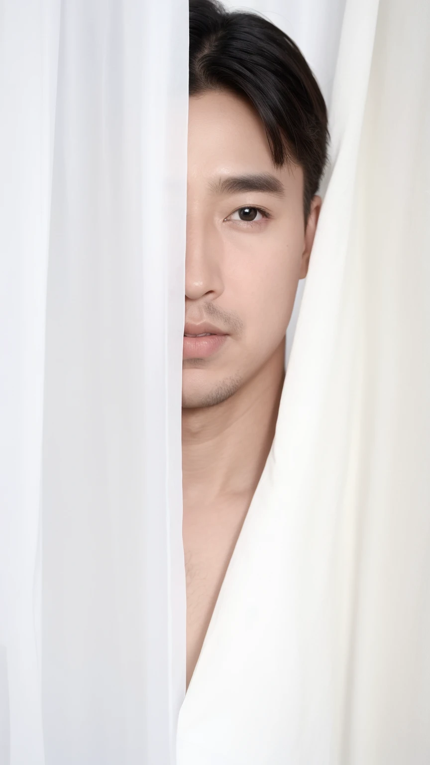 40-year-old male， [[[[close up]]]], [[[[neck]]]], [[[[Shoulder]]]], Perfect eyes, Perfect Iris，Perfect lips，Perfect Teeth，Perfect skin，White skin，Soft headlights，High-density imaging，（Clean and delicate face），((Black suit))，((Various dynamic poses))，((((Half-length photo))))，((White curtains in the background))，best quality，masterpiece，（Soft colors：1.2）