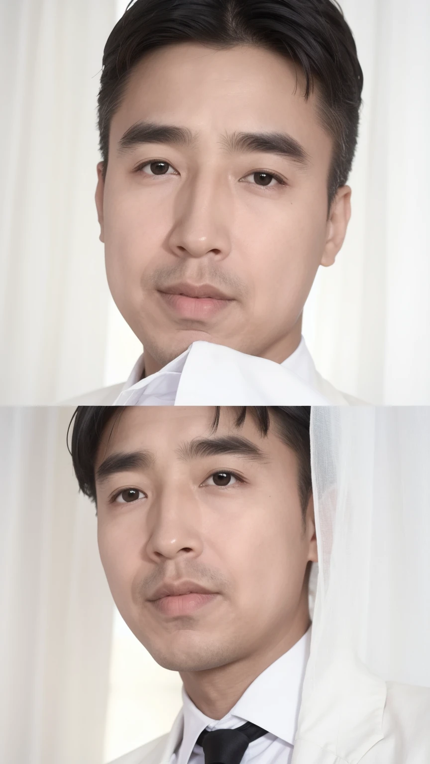 40-year-old male， [[[[close up]]]], [[[[neck]]]], [[[[Shoulder]]]], Perfect eyes, Perfect Iris，Perfect lips，Perfect Teeth，Perfect skin，White skin，Soft headlights，High-density imaging，（Clean and delicate face），((Black suit))，((Various dynamic poses))，((((Half-length photo))))，((White curtains in the background))，best quality，masterpiece，（Soft colors：1.2）