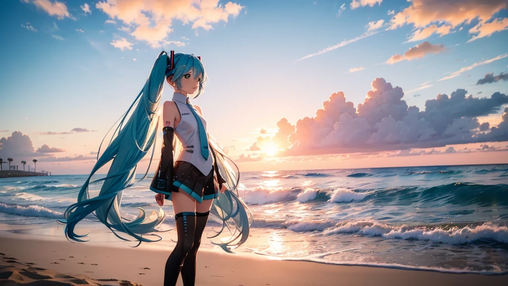 With the sun setting in the background、Please draw an upscaled image of Hatsune Miku at the beach。Her clear blue hair fluttering in the wind、The futuristic outfit stands out。Soft sand all around、The sound of the waves gently lapping、And the palm trees dot the landscape.。