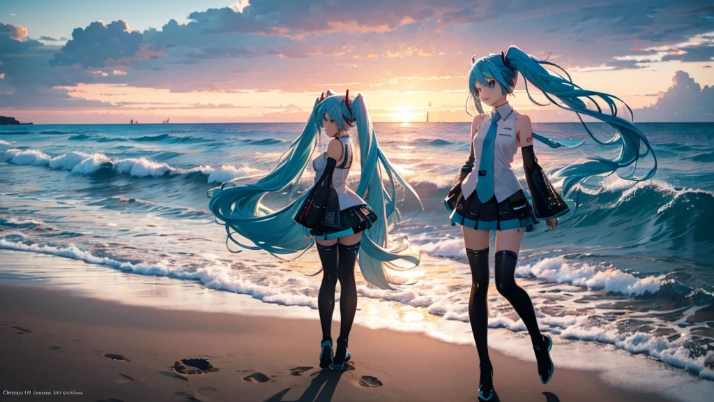 With the sun setting in the background、Please draw an upscaled image of Hatsune Miku at the beach。Her clear blue hair fluttering in the wind、The futuristic outfit stands out。Soft sand all around、The sound of the waves gently lapping、And the palm trees dot the landscape.。