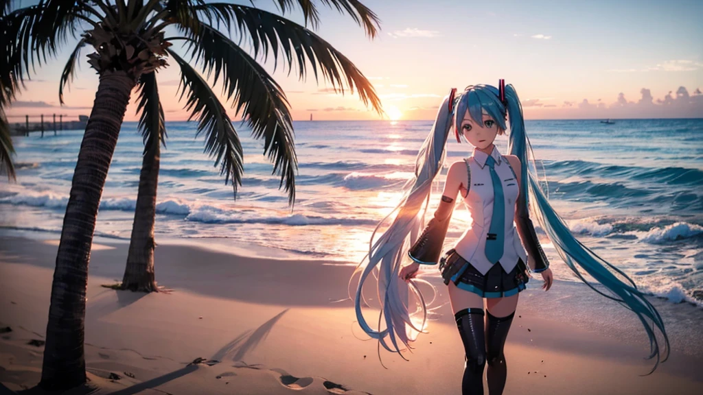 With the sun setting in the background、Please draw an upscaled image of Hatsune Miku at the beach。Her clear blue hair fluttering in the wind、The futuristic outfit stands out。Soft sand all around、The sound of the waves gently lapping、And the palm trees dot the landscape.。