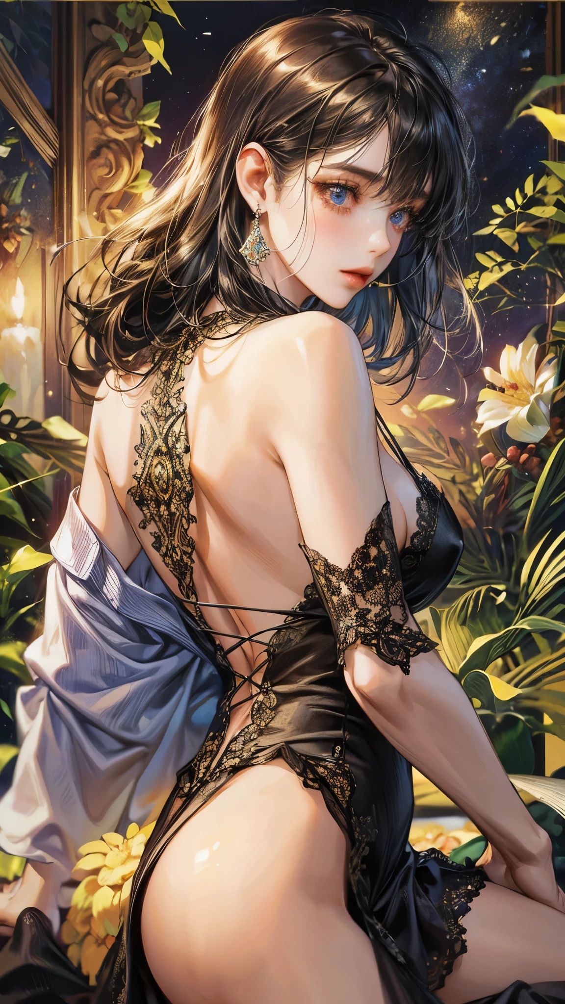 ((Highest quality)),(Ultra-high resolution),(Very detailed),(Detailed Description),((The best CG)),(A masterpiece),Ultra-detailed art,Amazing painting art,(Art with precise detail:1.5), ((Slip dress:1.3)),(Side boob:1.4),(Backless:1.4)