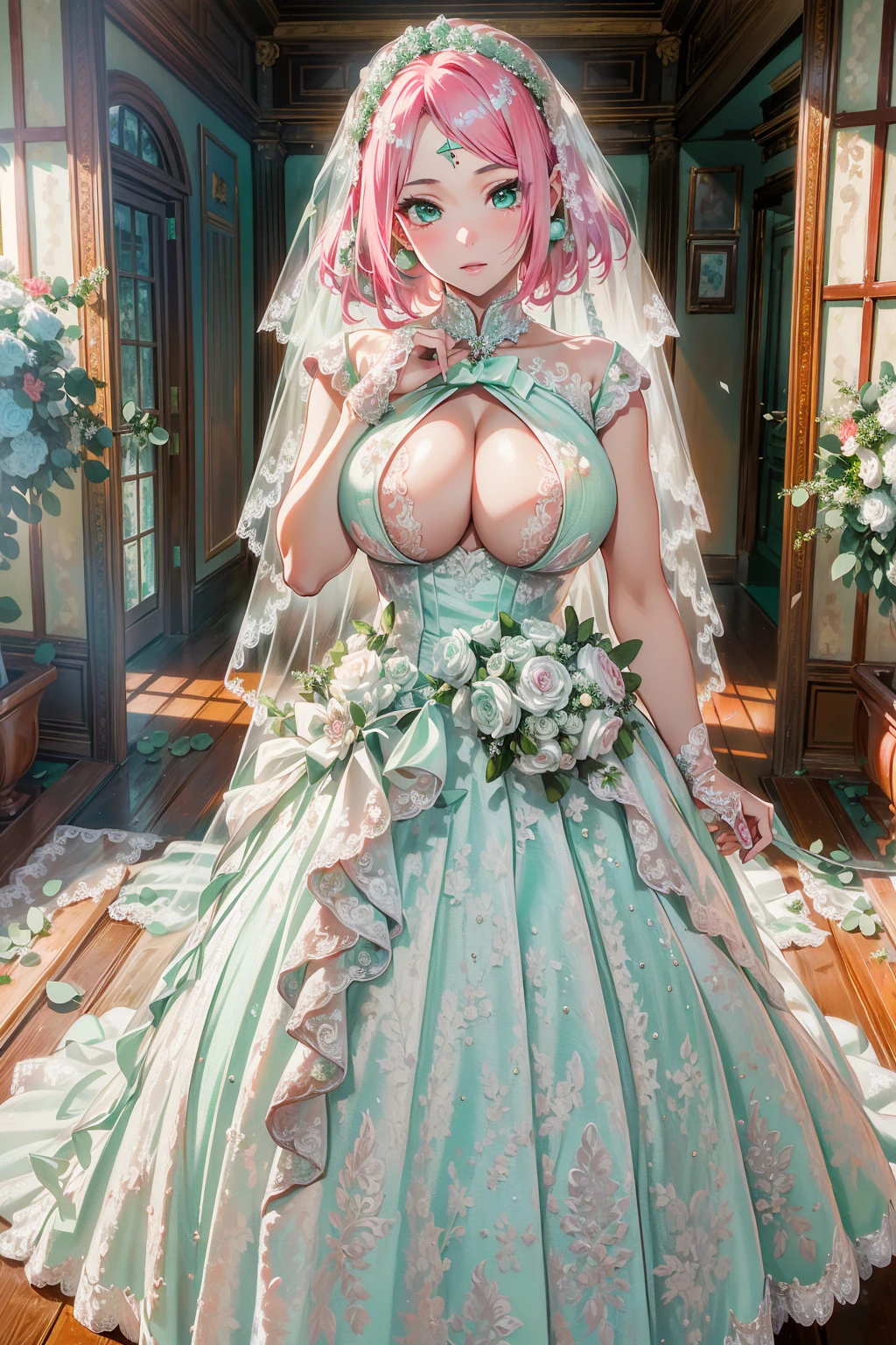 absurd, 8K, high resolution, ultra detailed, beautiful, masterpiece, best quality, very pretty woman, young, very pretty woman, , (very big :1.2), Detailed woman's face, very attractive, (mint wedding dress:1.4), full body, detail_face,haruno sakura, forehead mark, red hairband, 