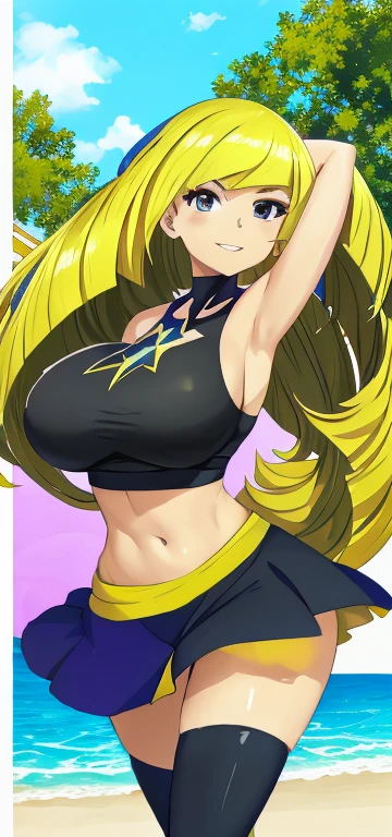 (Marnie),(serena),(lusamine),beautiful,masterpiece, (smir),((gigantic breasts)),smile,best quality, (pink crop top:1.2), outdoors,sunny,(1girl:1.3), thighhighs, wide hips,(loose top), (milf), hyper realistic, bending forward, solid top, boob window, Slutty , slutty expression