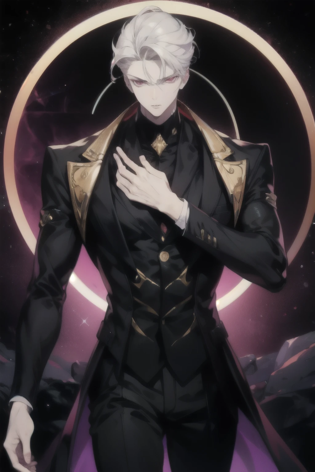 A young man with a perfect face,Temperament is cold,Looking down on everything,1.9 meters tall,Wearing a black suit with long sleeves and gold trim,The body has perfect muscle lines,White short hair,Purple and red gradient pupils,Black hole background,