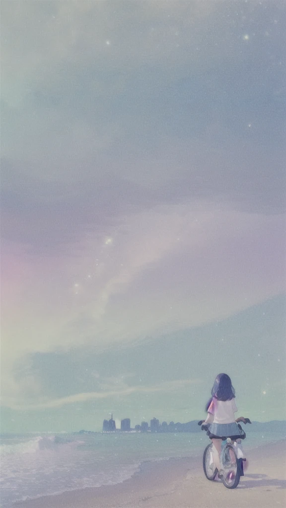 (Soft pastel colors:1.2)、A girl gazing at the future city、ride a bicycle、From the back、Surreal、Whimsical、Magical、Fantasy、dream-like、