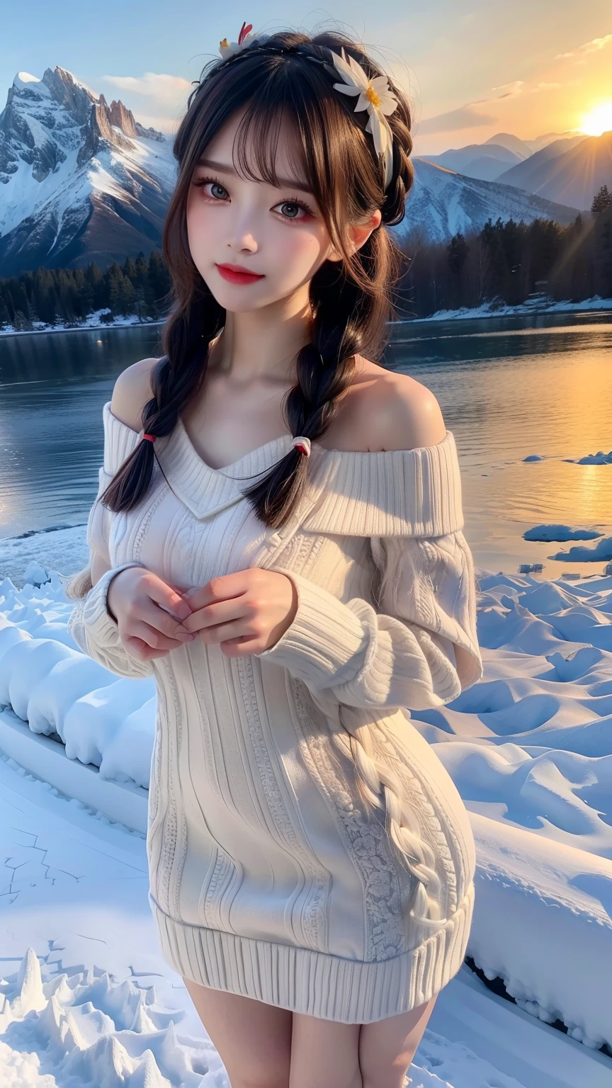 On a vibrant winter Morning，8k, masterpiece, RAW photo, best quality, photorealistic, extremely detailed CG unity 8k wallpaper, Depth of field, Cinematic Light, Lens Flare, Ray tracing, (extremely beautiful face, beautiful lips, beautiful eyes), intricate detail face, ((ultra detailed skin)) , in the dark, deep shadow, pretty Asian girl, idol, 1 girl, (very slim slender fit-muscled body:1.3), ((looking at viewer)),((big smile:1.2)), 8K high-definition painting shows a 20-year-old girl。(( Full body shot)), She is wearing a Pink tight dress，1 Beautiful girl, (Detailed face,beautiful eyes, beautiful earrings, bracelets, necklace, pantyhose, clear eyes, (pale skin), (big eyes), Sitting quietly on a large moss-covered broken tree wood in the snow。too many Pine trees in background, all Pine trees covered with heavy snow fall, Snow Falling, Morning Sun，Ice Bridge, Her smile is like the winter sunshine，Full of youthful vitality。Surrounding snow areas、The frozen river water together forms a beautiful picture，Telling about winter Mornings。beautiful landscape, 