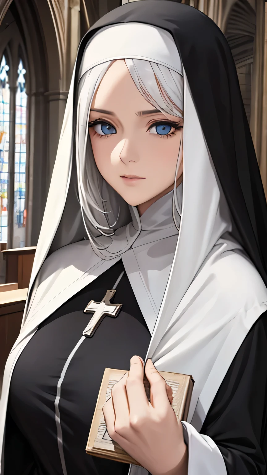 nun, cross, bible, white hair, church, realistic and detailed eyes  