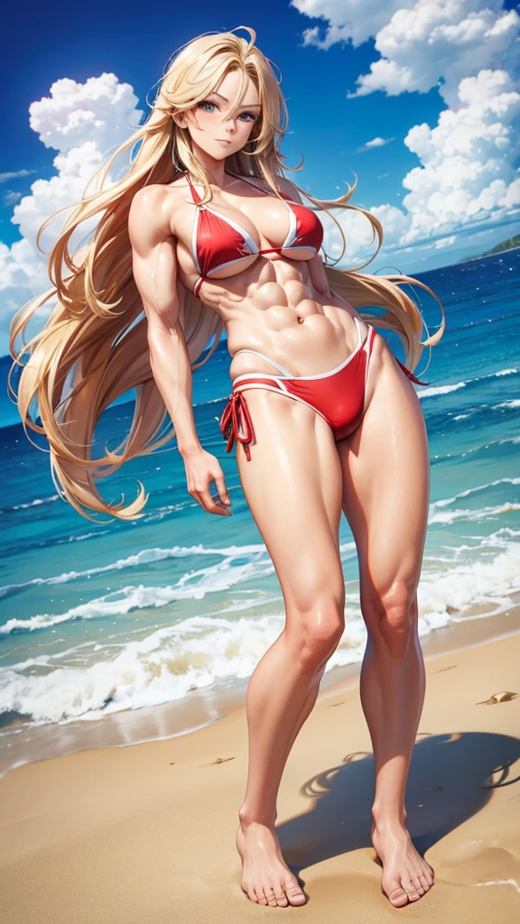 Muscular beauty with long blond hair,Abdominal muscles,Red blue and white bikini,Bare Legs,barefoot,Standing,Sea,beach