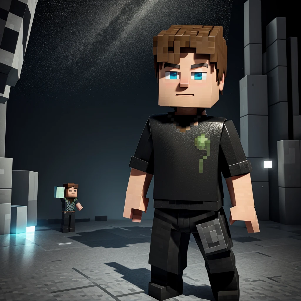 A 3D animated Minecraft boy character wearing black clothes and image should have a animated background also and a 3D text in background of 4000 subscribers and background should have open sky