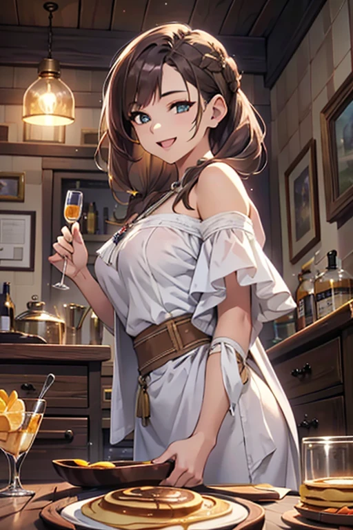 (from below:1.2),(from side:1.2),full body,(highest quality:1.5),(8k,masterpiece, top quality, best quality,beautiful and aesthetic:1.2,professional illustrasion:1.1,ultra detail:1.3,perfect lighting),extremely detailed,highest detailed,incredibly absurdres , highres, ultra detailed,intricate:1.3,(Alchemy Workshop:1.4),A girl mixing,Medicine in many small bottles,colorful:1.4,zentangle,(1girl),(finely detailed beautiful eye: 1.2), (beautifull detailed face), (perky chest:1.1), (pointed chest:1.0),(highly detailed beautiful face and eyes,firm breasts),real skin,((brown hair,long pony tail hair)),thin pubic hair:1.3,cute,lovely,, learning to make a pancakes cooking, alchemist costume,smile,in the kitchen,smile,seductive weak smiling,(with sparkling eyes and a contagious smile),open mouth, Looking at Viewer,