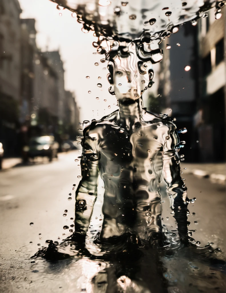 an extreme close-up photo of a man made of water, coming up of a puddle on a street