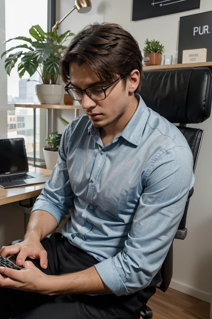 4D image of a 26 year old man showing diligent work operating a laptop while working in a good office with a beautiful office space in the background. Realistic