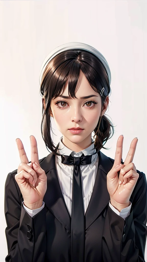 (（（Perfect body,White and tender skin,（（（Black strap dress, black long bow tie, white lining, black hat）））,（（（Kobeni Higashiyama, black hair, hair ornament, hairclip,  ponytail, short hair, (brown eyes:1.5),）））,((masterpiece)),highres,((Best quality at best)),masterpiece,quality,Best quality,(（（ Exquisite  features,Looking at the audience,There is light in the eyes,(（（frown，Wronged））），Scissorhands）））,（（（Light and shadow,Huge breasts,）））,（（（Looking at the camera,White background)））)