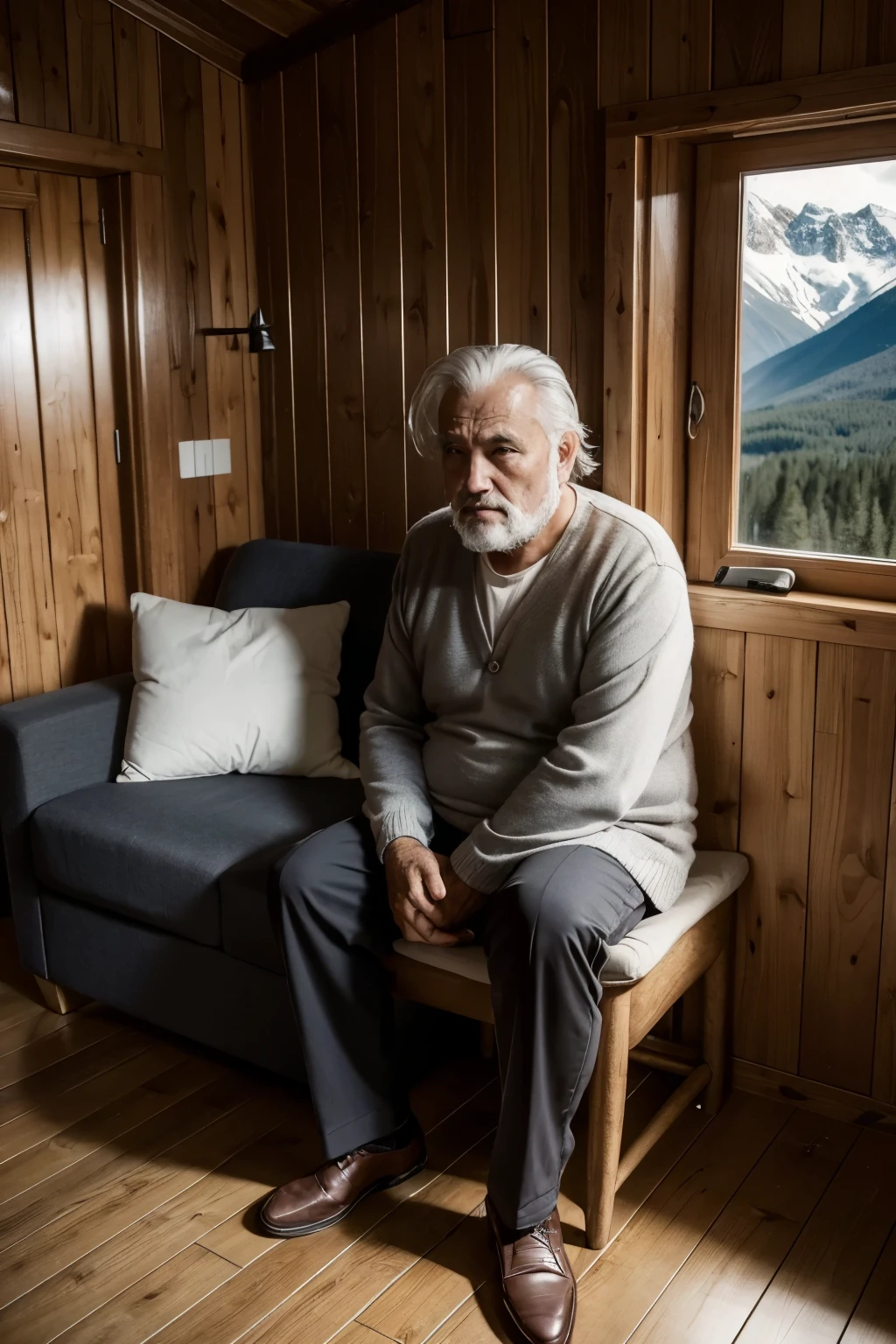 1 sad old man, hair grey, sitting not sofa, in a room, inside a cabin on top of a mountain, full hd