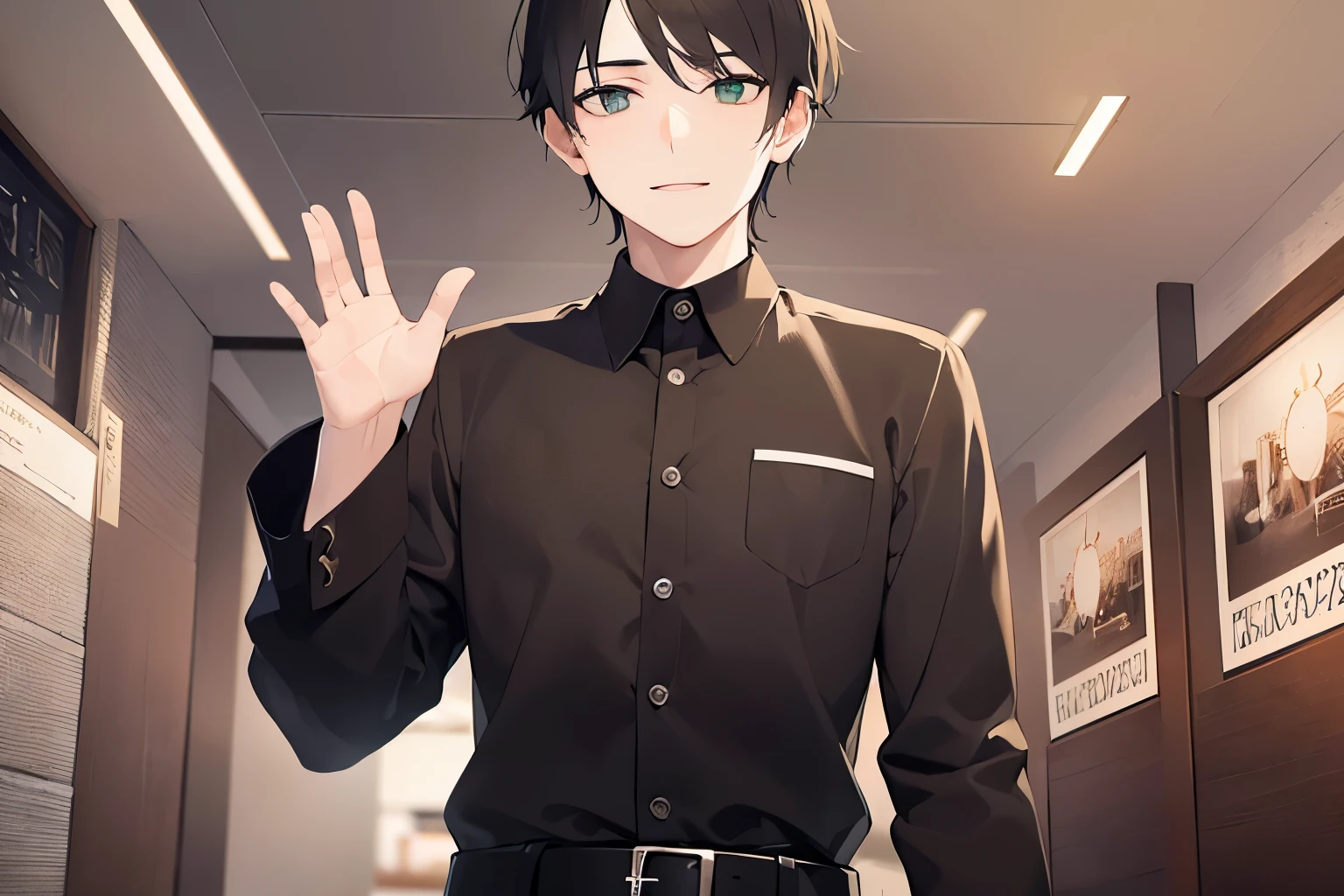 waving hand, Biologically correct five fingers、upper body、shiny skin、masterpiece、Highest quality、(25-year-old male:1.5) and (Brown short hair) and (Green Eyes), (black collared shirt)、Are standing、smile、The background is the interior of a restaurant at night.、(Alone:1.5)、Upper body is shown、