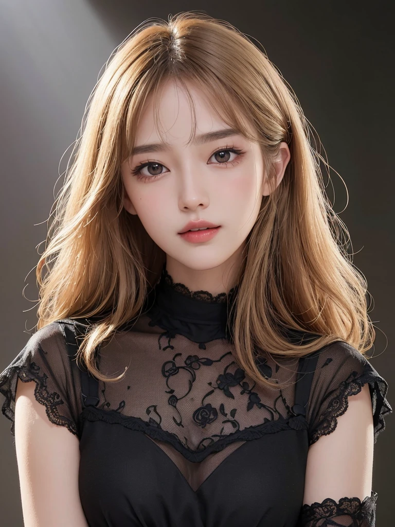 masterpiece, best picture quality, high quality, beautiful girl, Japanese, Japanese school girl, popular Korean makeup, detailed, swollen eyes, detailed eyes, detailed skin, beautiful skin, ultra high resolution, (reality: 1.4), very beautiful, slightly younger face, beautiful skin, slender, (ultra realistic), (illustration), (high resolution), (8K), (highly detailed), (best illustration), (beautifully detailed eyes), (super detailed), (wallpaper), (detailed face), looking at viewer, fine details, detailed face, pureerosfaceace_v1, smiling, looking straight ahead, looking straight ahead, angle from waist up, realistic photo, bright lighting, professional lighting, blonde, long hair, dark ruins, big red moon, gorgeous red and black dress, mature woman, long stylish bangs,キスショット・アセロラオリオン・ハートアンダーブレード