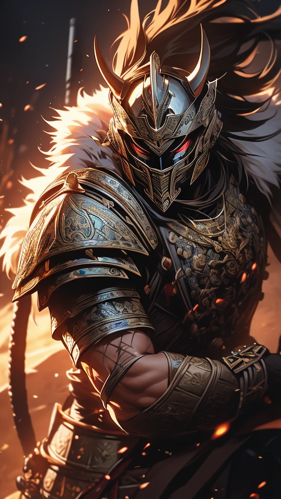 man in samurai armor with fur around the neck and waist, Wearing a demon helmet, Dusty detail ornament, Tired of fighting, man warrior, armor, epic, scars on face, dnd character portrait, Wheels within wheels, 8K resolution, Dynamic lighting, Super detailed, Unreal 5, Volumetric lighting, Alphonse Mucha, Pre-Raphaelite, Detailed Background, mandala, Detailed face, delicate eyes, neon eyes
