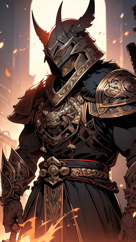 man in samurai armor with fur around the neck and waist, Wearing a demon helmet, Dusty detail ornament, Tired of fighting, man warrior, armor, epic, scars on face, dnd character portrait, Wheels within wheels, 8K resolution, Dynamic lighting, Super detailed, Unreal 5, Volumetric lighting, Alphonse Mucha, Pre-Raphaelite, Detailed Background, mandala, Detailed face, delicate eyes, neon eyes