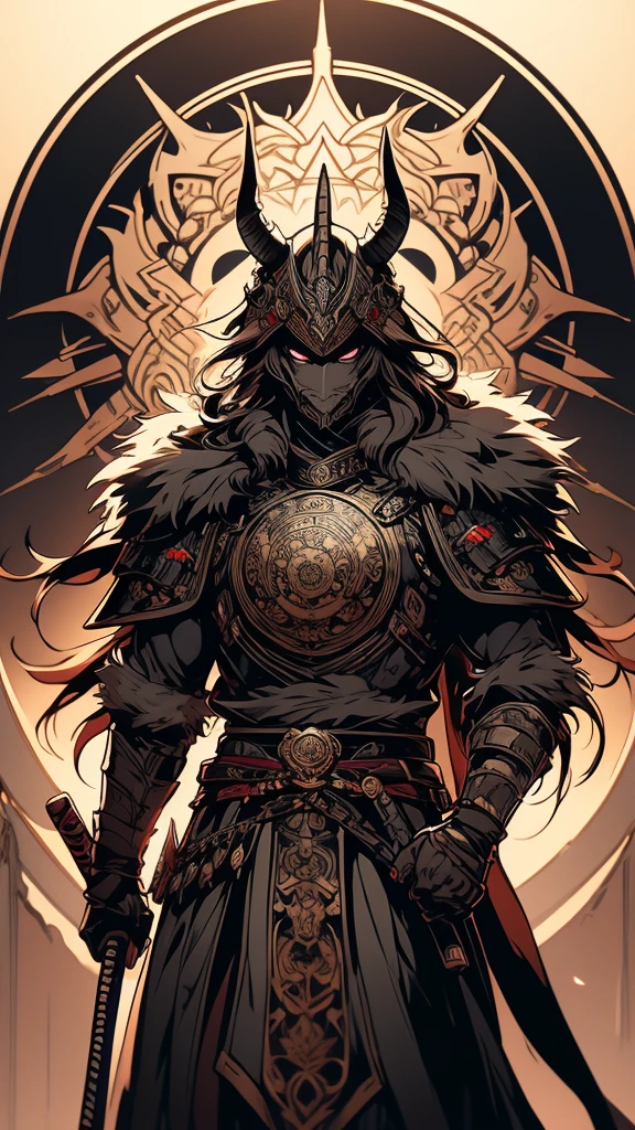 man in samurai armor with fur around the neck and waist, Wearing a demon helmet, Dusty detail ornament, Tired of fighting, man warrior, armor, epic, scars on face, dnd character portrait, Wheels within wheels, 8K resolution, Dynamic lighting, Super detailed, Unreal 5, Volumetric lighting, Alphonse Mucha, Pre-Raphaelite, Detailed Background, mandala, Detailed face, delicate eyes, neon eyes