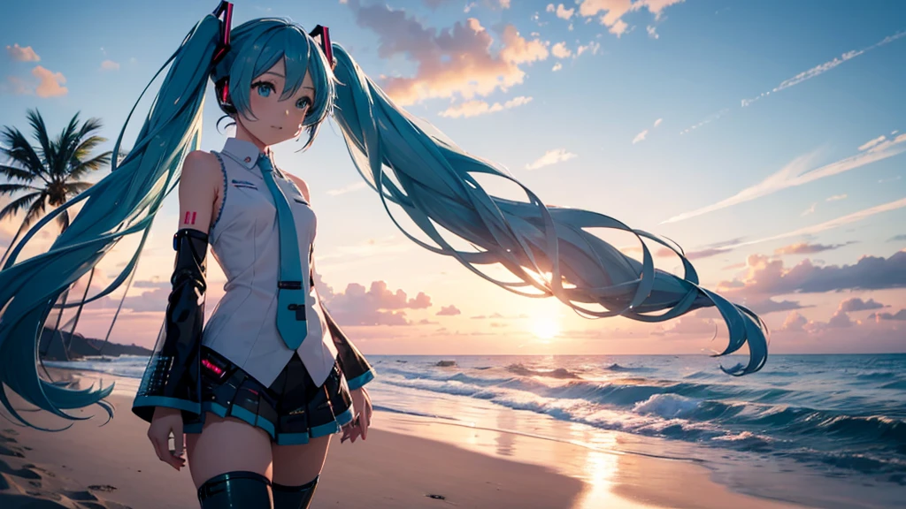 With the sun setting in the background、Please draw Hatsune Miku at the beach in high resolution using upscale.。Her clear blue hair fluttering in the wind、The futuristic outfit stands out。Soft sand all around、The sound of the waves gently lapping、And the palm trees dot the landscape.。