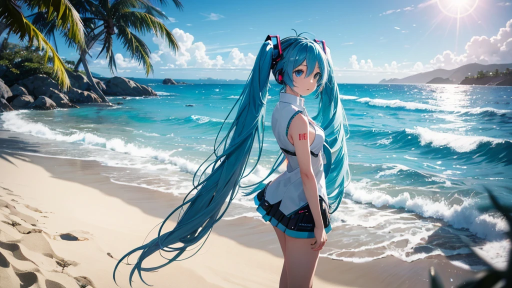 With the sun setting in the background、Please draw Hatsune Miku at the beach in high resolution using upscale.。Her clear blue hair fluttering in the wind、The futuristic outfit stands out。Soft sand all around、The sound of the waves gently lapping、And the palm trees dot the landscape.。