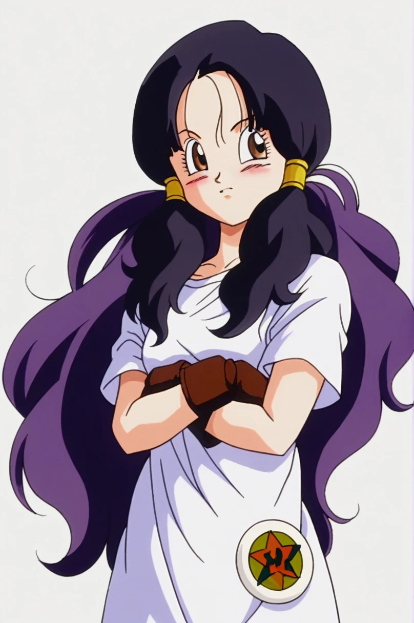 sauce_anime, score_9, score_8_superior, score_7_superior, anime screencap, videl dbz, 眉をsuperiorげる, One girl, alone, Purple Hair, Hair that does not tie, Hair down, Let your hair down, Brown eyes, Black Hair, White shirt, Cowboy Shot, Long shirt, Semi-long hair, Short sleeve, Arms crossed, Brown gloves, blush, Look to the side, Wind, nail, eyelash, Simple Background, White Background,