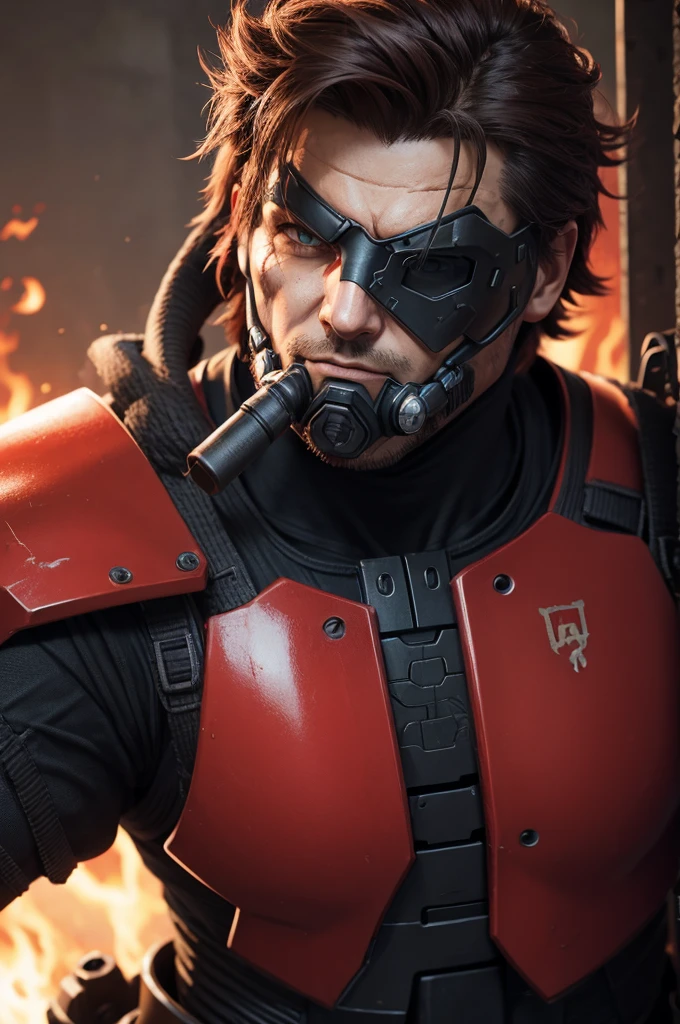 Solid snake wearing red fallout power armor with black flame details