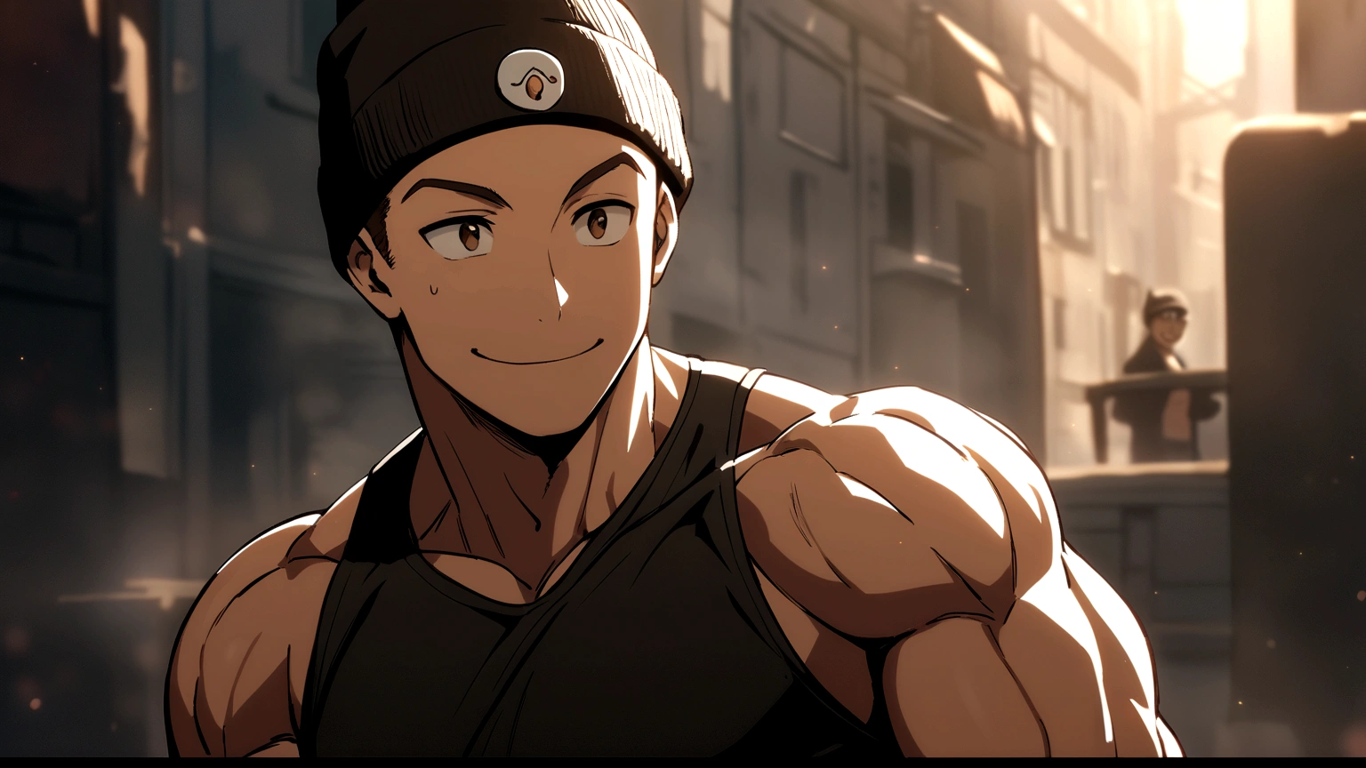 Muscular boy with black beanie hat and short brown hair smiles arrogantly