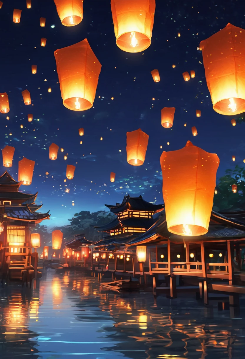 1.Place the river lanterns by the river，Many sky lanterns are lit on the water, floating lights, Lights and reflections, Glowing lights! Intermediate Metaverse Elements，number, glowing reflections, think. author：Shinkai Makoto, Water Lanterns, A quiet night. Digital Illustration, Beautiful Ambience, Night sky lights, Peaceful evening atmosphere, 美丽的number艺术作品, Low Detail. number, Beautiful Ambience