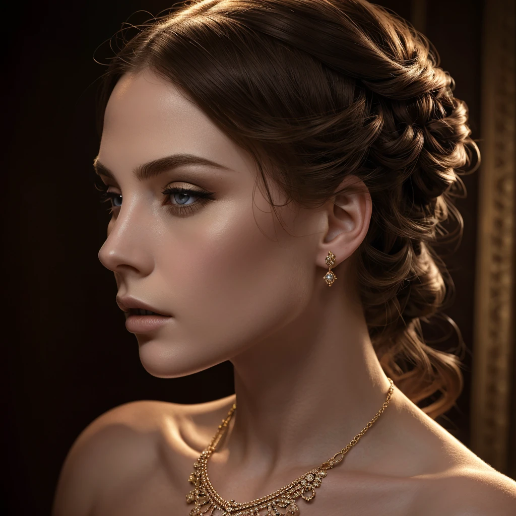 A chiaroscuro portrait of a woman, beautiful detailed eyes, beautiful detailed lips, extremely detailed eyes and face, long eyelashes, porcelain skin, elegant hairstyle, intricate jewelry, dramatic lighting, Renaissance style, dramatic shadows, warm golden tones, dramatic chiaroscuro lighting, ultra-detailed, 8k, photorealistic, masterpiece, cinematic, dramatic atmosphere, elegant and regal