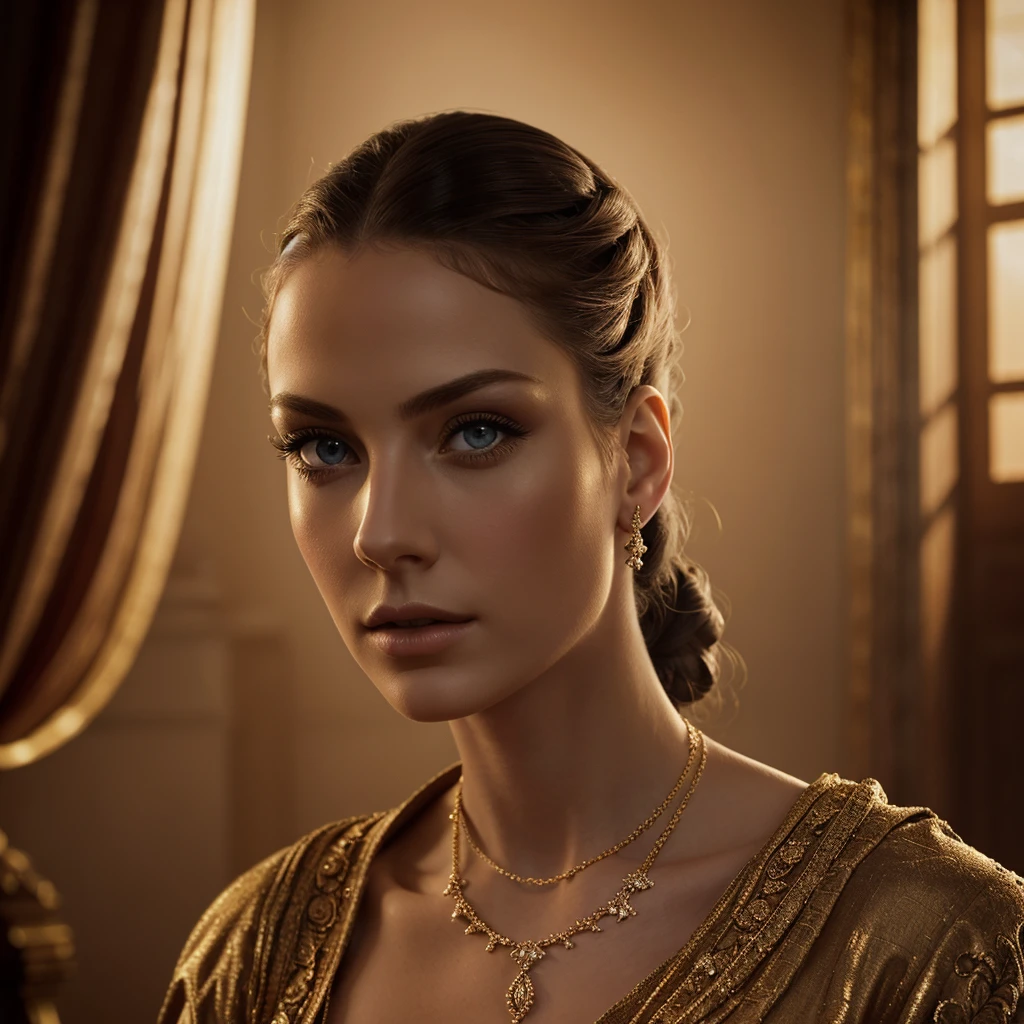 A chiaroscuro portrait of a woman, beautiful detailed eyes, beautiful detailed lips, extremely detailed eyes and face, long eyelashes, porcelain skin, elegant hairstyle, intricate jewelry, dramatic lighting, Renaissance style, dramatic shadows, warm golden tones, dramatic chiaroscuro lighting, ultra-detailed, 8k, photorealistic, masterpiece, cinematic, dramatic atmosphere, elegant and regal