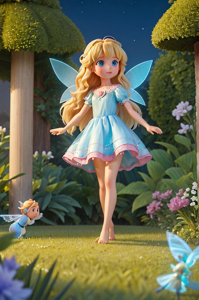 a with long golden hair, sparkling blue eyes in a light blue nightgown. she is holding hands with a fairy with transparent fairy wings, blonde hair and pink dress, magic forest