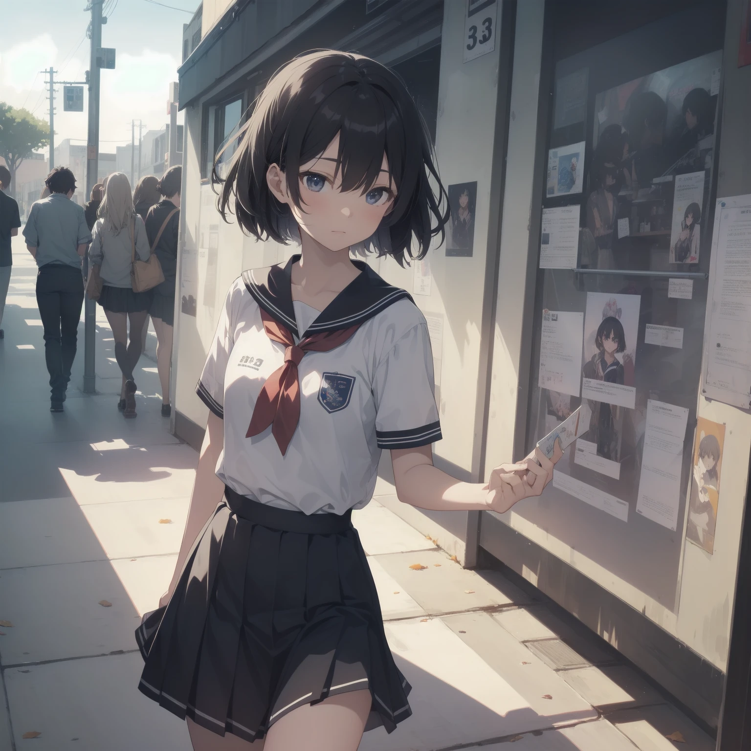 ultra-absurdres-Top quality by artist God, ultra-detailed, high resolution, anime moe artstyle, best anime 8k konachan wallpaper, pixiv contest winner, pool:2810, perfect anatomy,break, 1girl, (Please draw a girl walking sleepily to school alone. )break,(Solo,little female, 13-year-old:1.3),Full limbs, complete fingers,a junior high school student, (very short hair), short cut, flat chest, , small butt, small black eyes, beautiful detailed eyes, well-proportioned iris and pupils, expressive eyes, highres detailed hair, soft expression, salor school_uniform, sailor collar, serahuku, bow, pleated skirt,(Detailed Lighting), (Detailed background), in the School commute route. break,super detailed skin, Best cinematic lighting powered by famous artist, 8k,beauty illustration,photoshop_(medium),very aesthetic,break,((artist:wa_(genryusui) )), artist:clamp ,artist:carnelian ,artist:kantoku ,